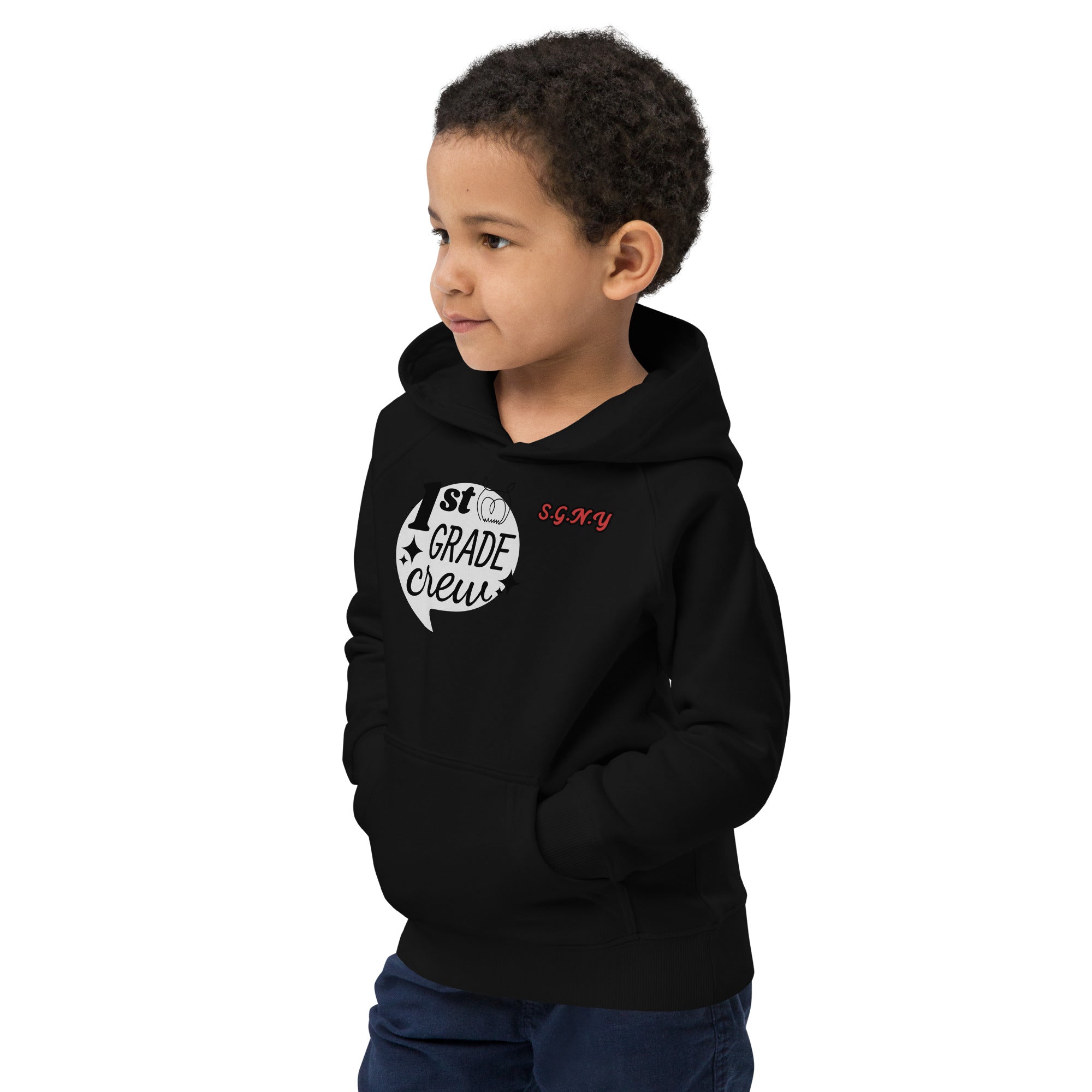 S.G.N.Y Kids Eco Hoodie made from eco-friendly fabric, featuring a soft fleece lining, kangaroo pocket, and ribbed cuffs for warmth and comfort.